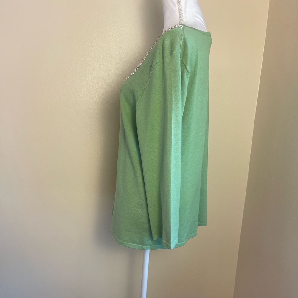 Silk Blend Beaded Knit Sweater XL Mint Green 3/4 Sleeve Quiet Luxury Coastal Top - Picture 11 of 11